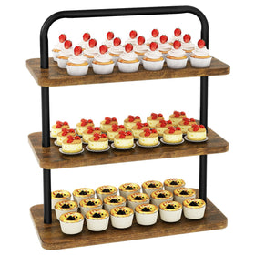 IBUYKE 3-Tier Cupcake Stand front view shows sturdy wood and metal construction.