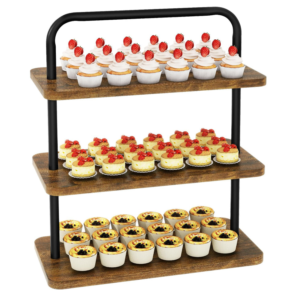 IBUYKE 3-Tier Cupcake Stand front view shows sturdy wood and metal construction.