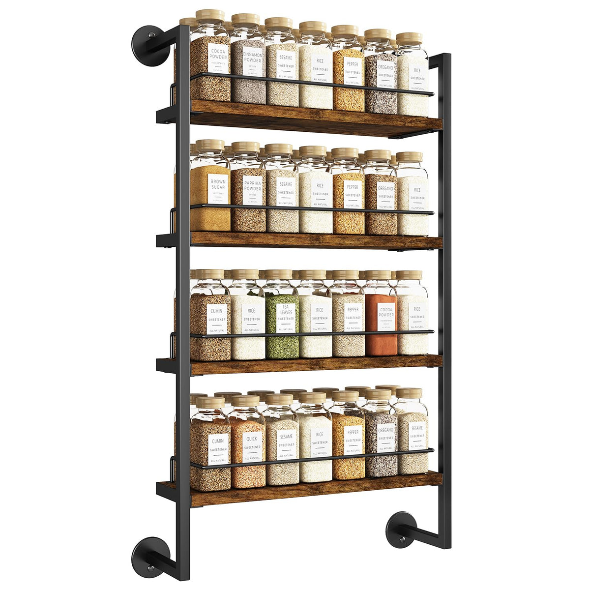 IBUYKE 4-tier wall-mount spice rack shows large jar capacity for easy access.