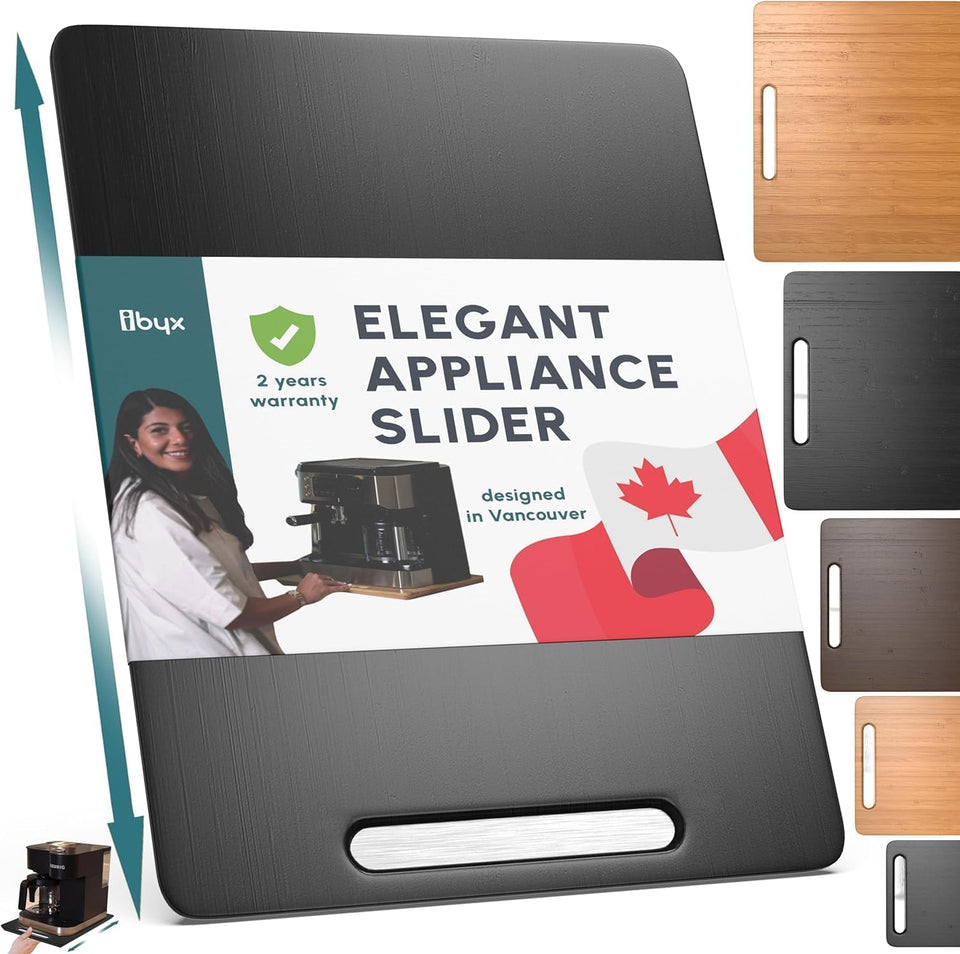 Ibyx Elegant Appliance Slider with black bamboo finish and smooth glide for heavy appliances.