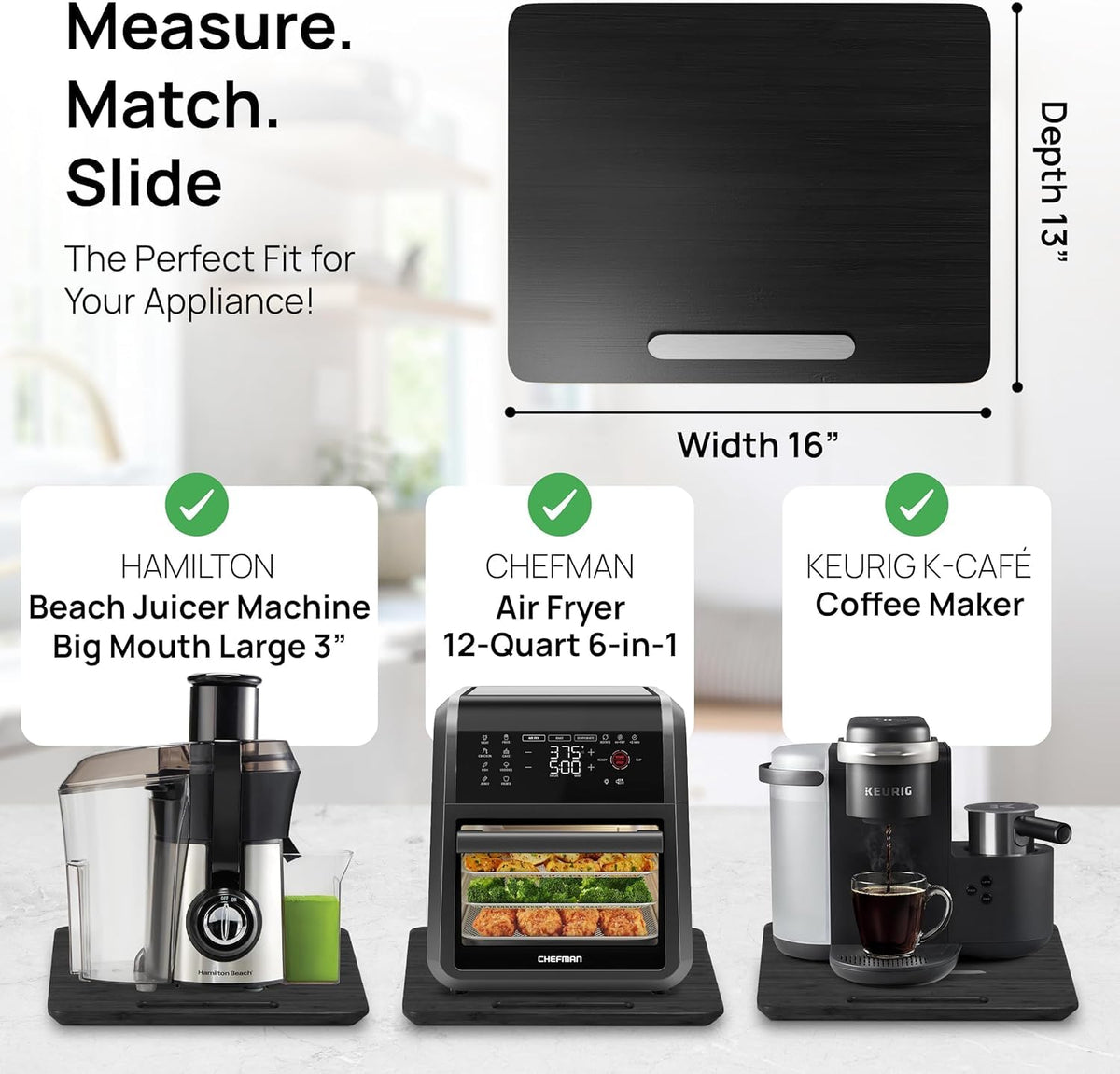 Ibyx Elegant Appliance Slider black finish blends with modern kitchen decor