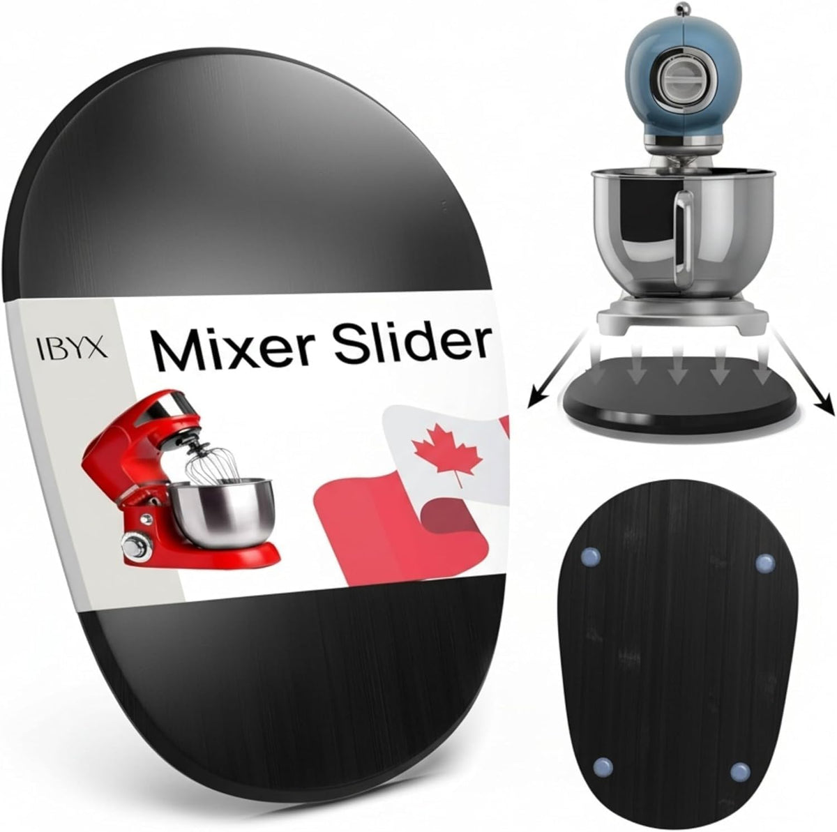 Ibyx mixer slider with smooth glide enables easy under-cabinet access to a 5.5 qt mixer.