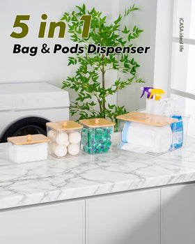 iCASA laundry pods container duo shown as two-pack canisters for organized pods