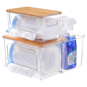iCASA trash bag dispenser front view highlights clear acrylic for easy bag access.