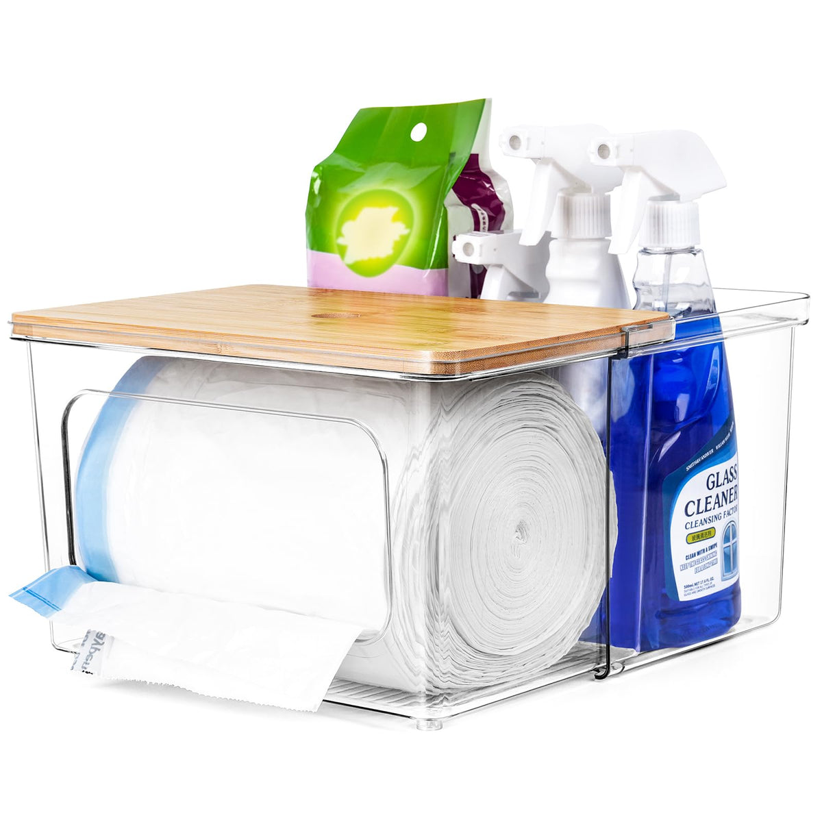iCASA trash bag dispenser under sink assembly showing slim design for organized storage