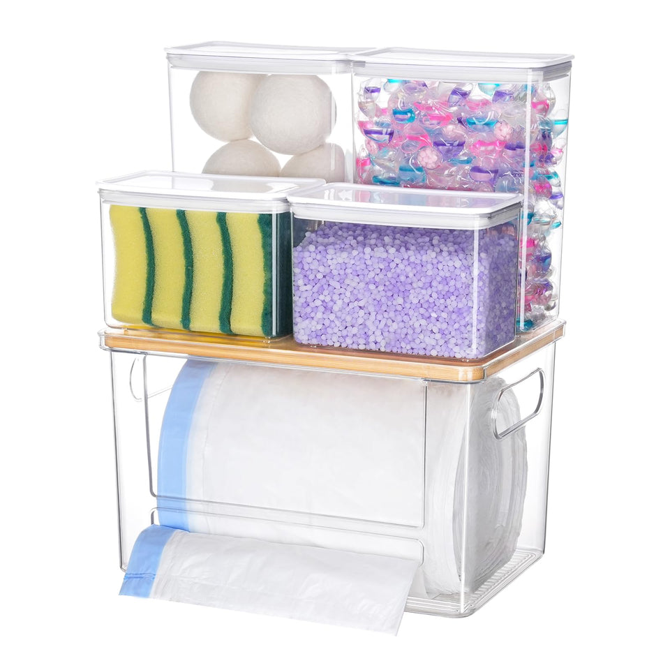 iCASA trash bag dispenser under sink with clear acrylic walls and bamboo lid for easy access