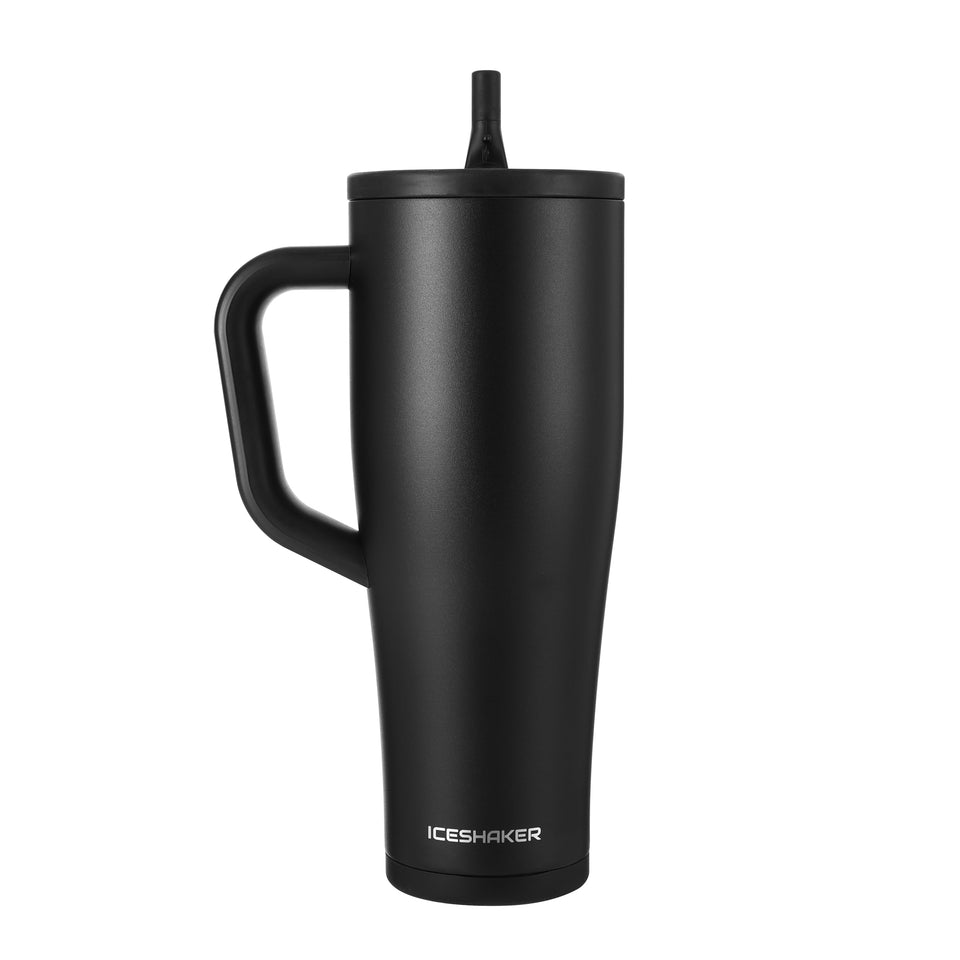 Ice Shaker 40 oz tumbler with handle and straw for easy on-the-go drinking.