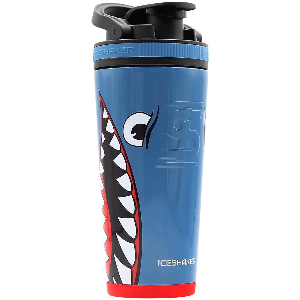 Ice Shaker blue bomber bottle with twist-on agitator for smooth shakes
