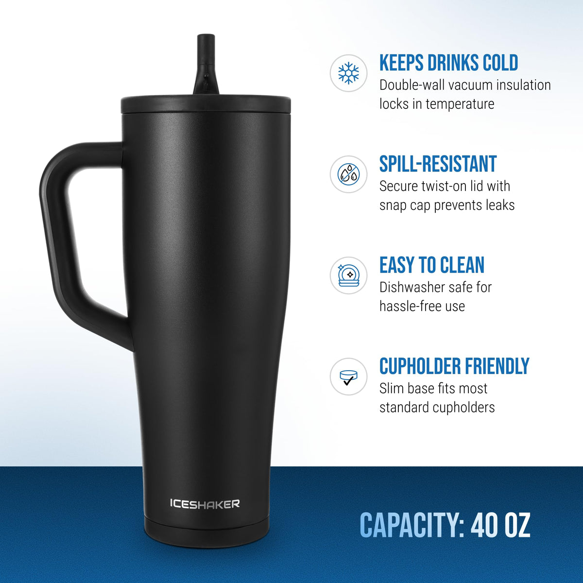 Ice Shaker leak-proof lid prevents spills during travel.
