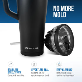 Ice Shaker patented twist-in agitator blends powders smoothly with no lumps.