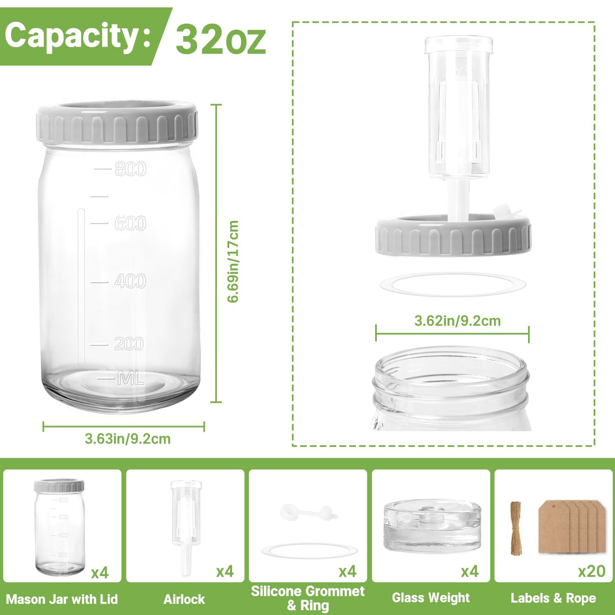 IceFun 32 oz mason jars shown with lids, airlocks, and weights