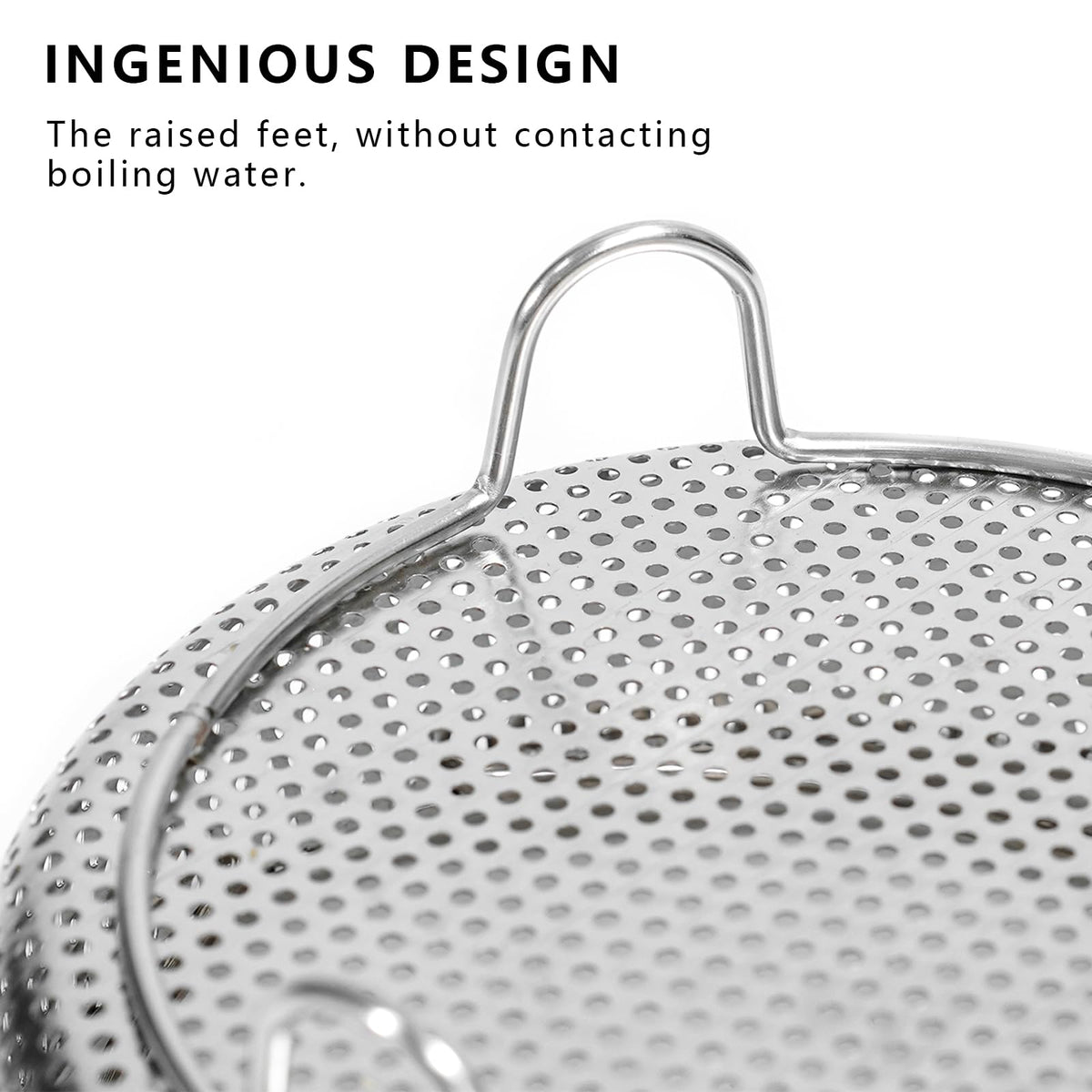 ICEICE steamer basket features sturdy handles and feet for safe handling.