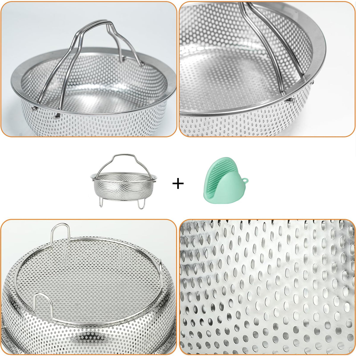 ICEICE steamer basket with handles and feet for safe removal from hot water