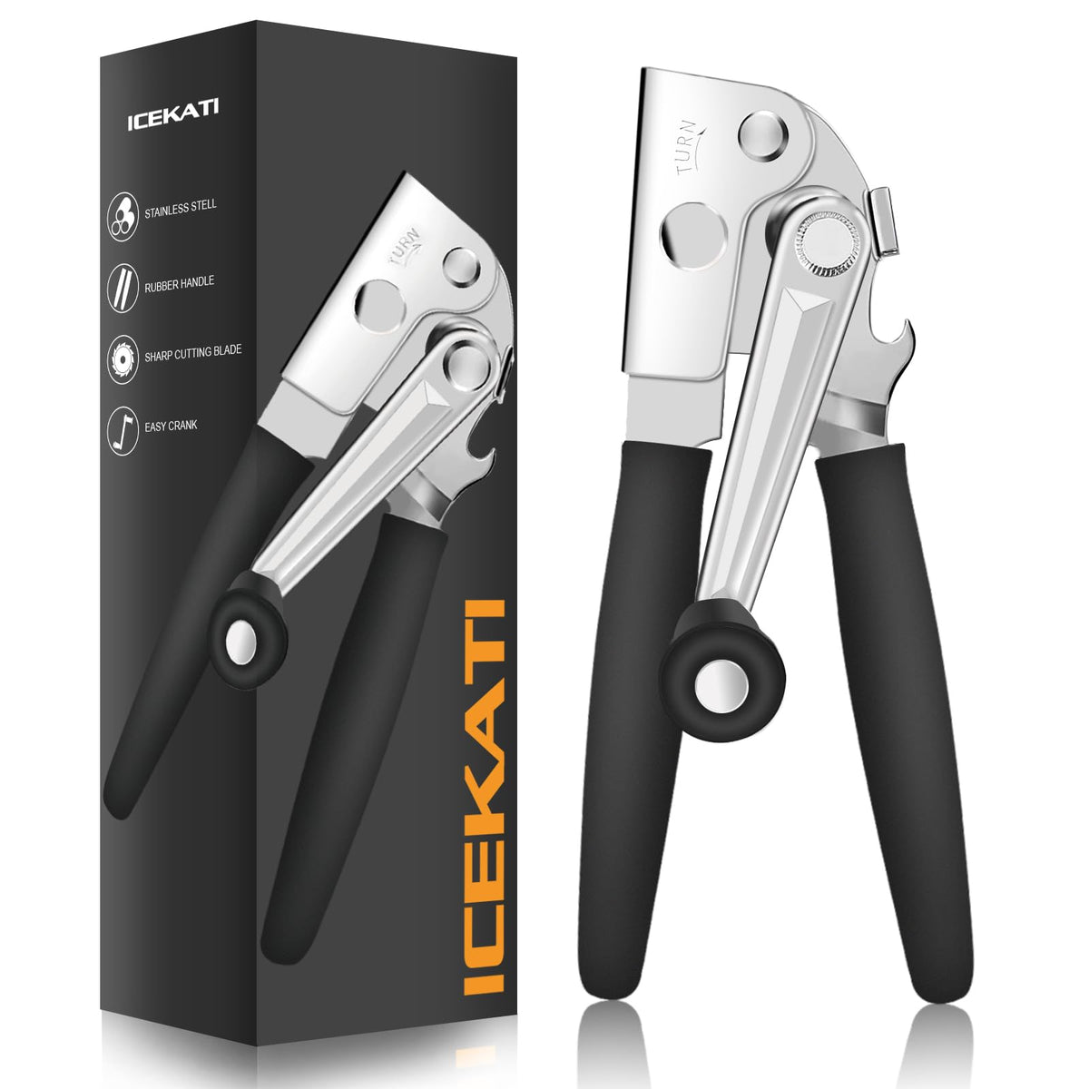 ICEKATI commercial can opener front view with rugged steel and long leverage handle for easy opening.