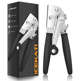 ICEKATI commercial can opener front view with rugged steel and long leverage handle for easy opening.