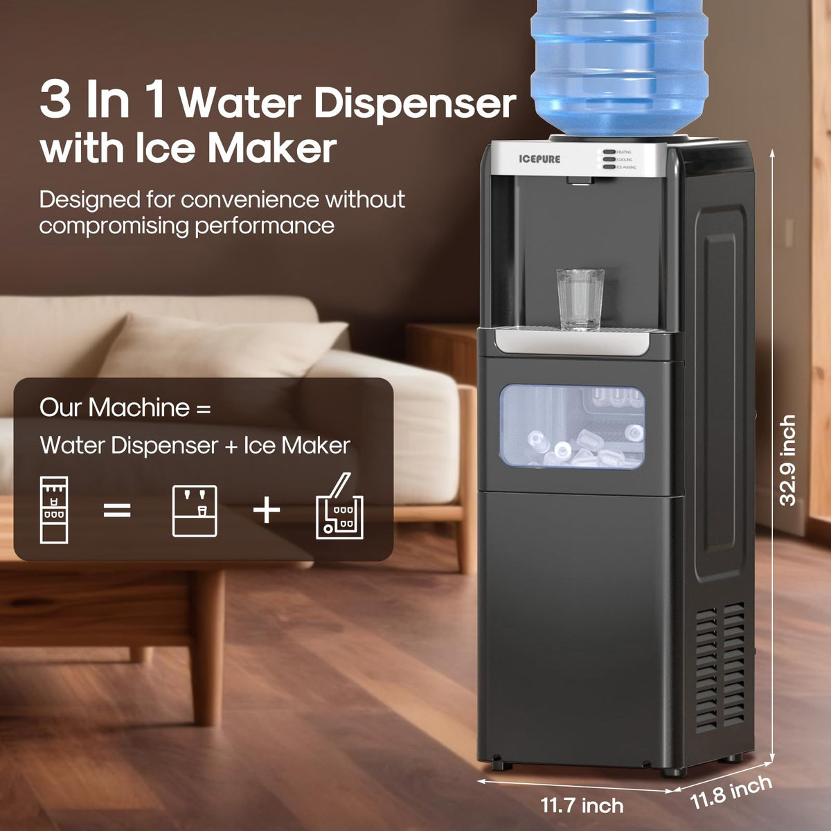 ICEPURE 3-in-1 ice maker in action delivering bullet-shaped ice