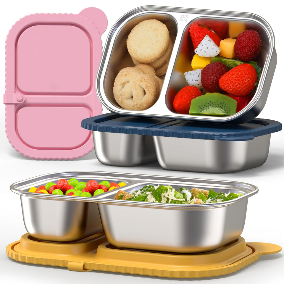 ICEROYCE 3-pack stainless steel snack containers with silicone lids keep snacks fresh on the go.