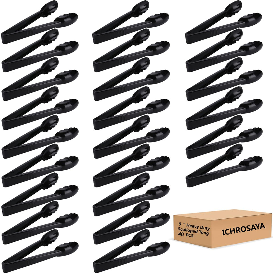 ICHROSAYA 40-piece plastic salad tongs 9in black for durable buffet serving.
