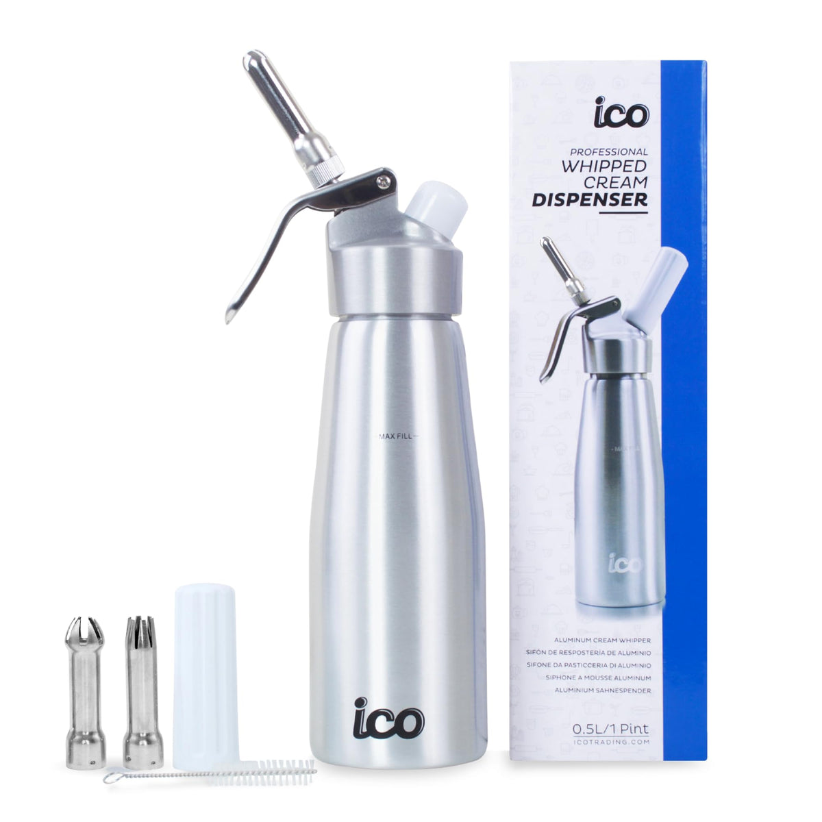 ICO professional aluminum whipped-cream dispenser on countertop for fresh topping