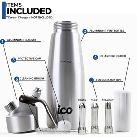 ICO whipped-cream dispenser with 3 stainless steel tips for decorative piping