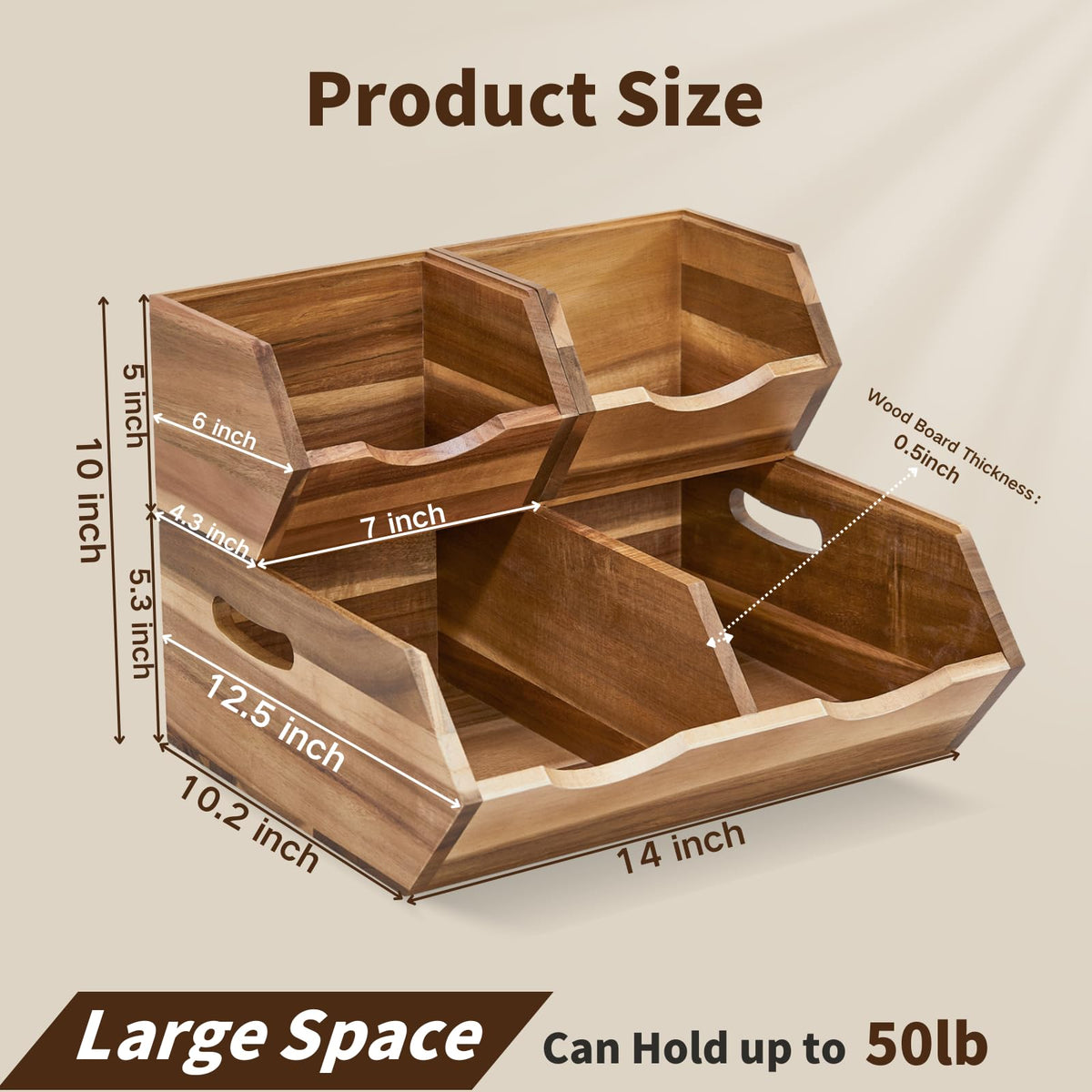 ICOHOT Acacia pantry bin size comparison shows large and small bins