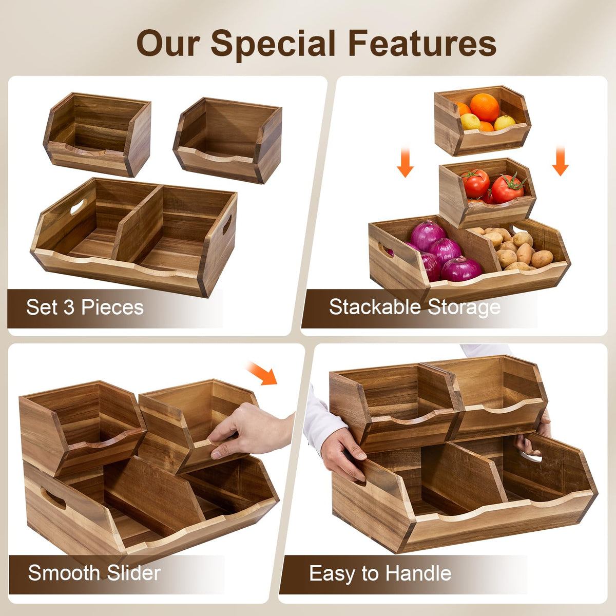 ICOHOT Acacia pantry bin stackable design for versatile storage