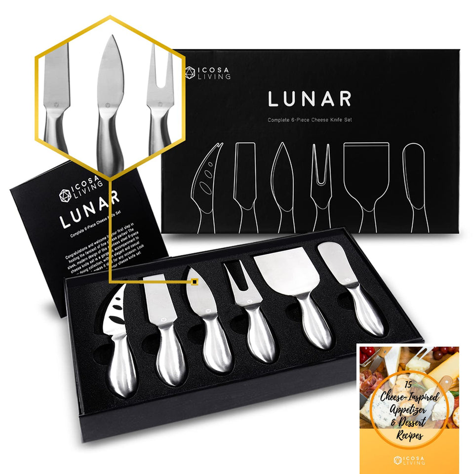 ICOSA Living Lunar 6-piece cheese knife set on a board for elegant entertaining