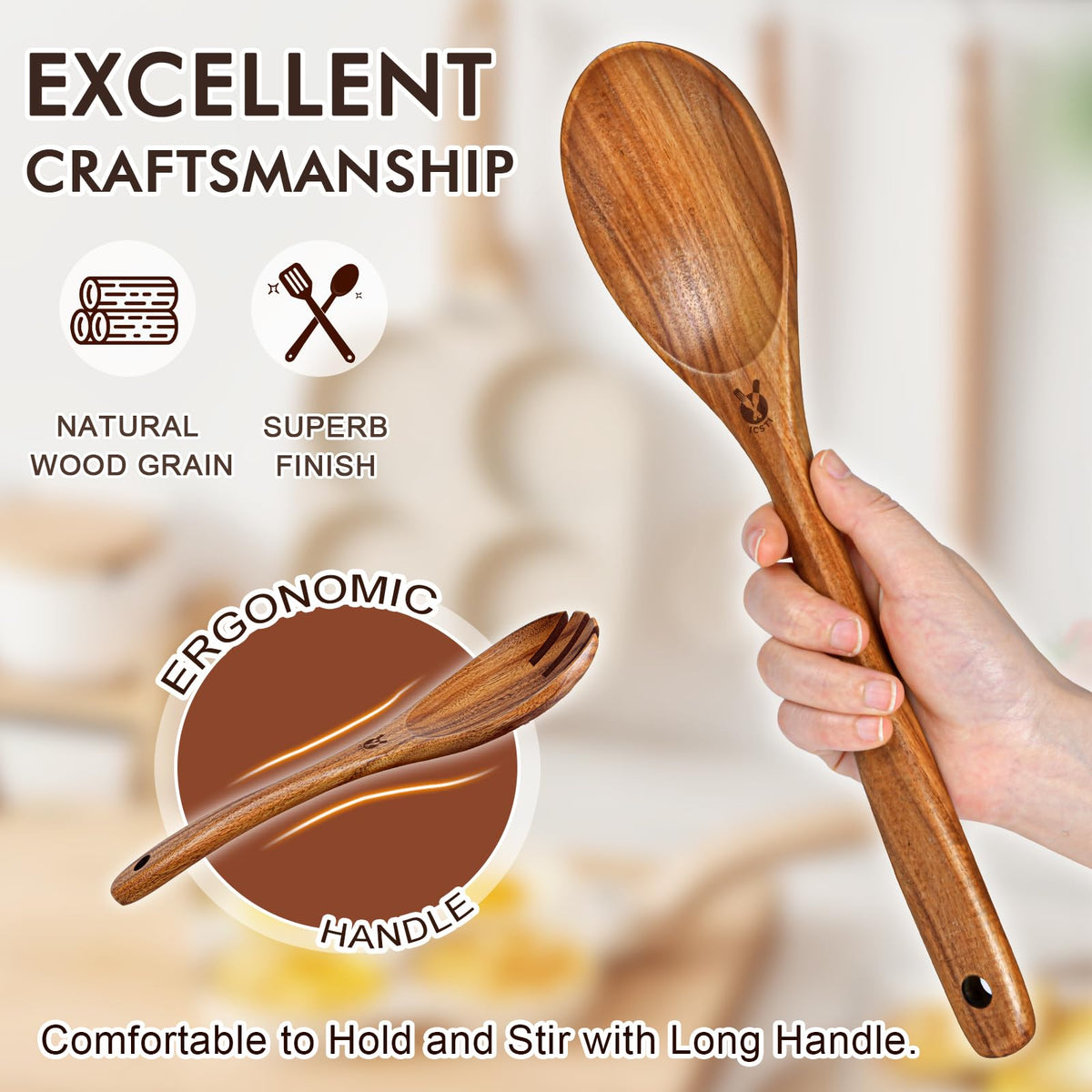 ICSTI teak slotted spatula protects non-stick pans