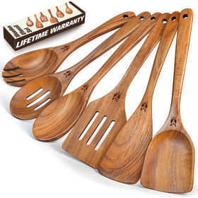 ICSTI teak wooden spoons 6pc set front view for everyday cooking