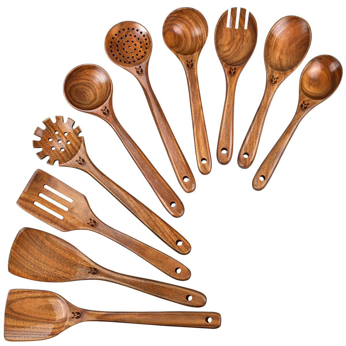 ICSTI teak 10-piece spoon and spatula set for versatile cooking and nonstick care.