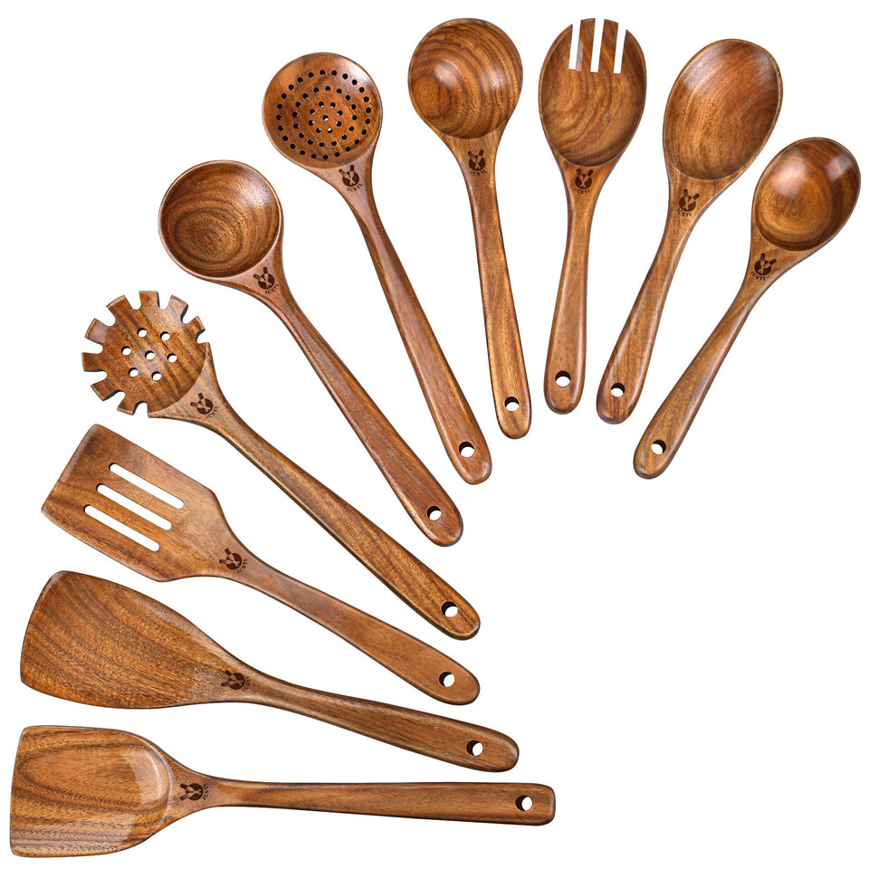 ICSTI teak 10-piece spoon and spatula set for versatile cooking and nonstick care.