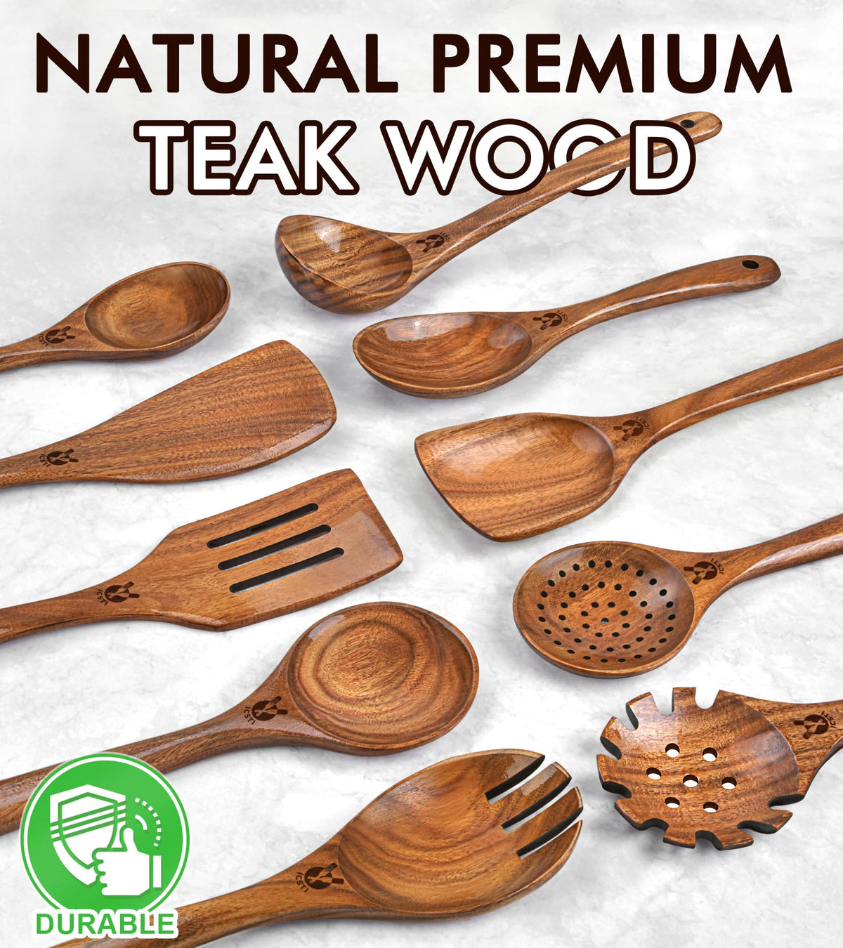 ICSTI teak fork spoon suitable for tasting and serving meals.