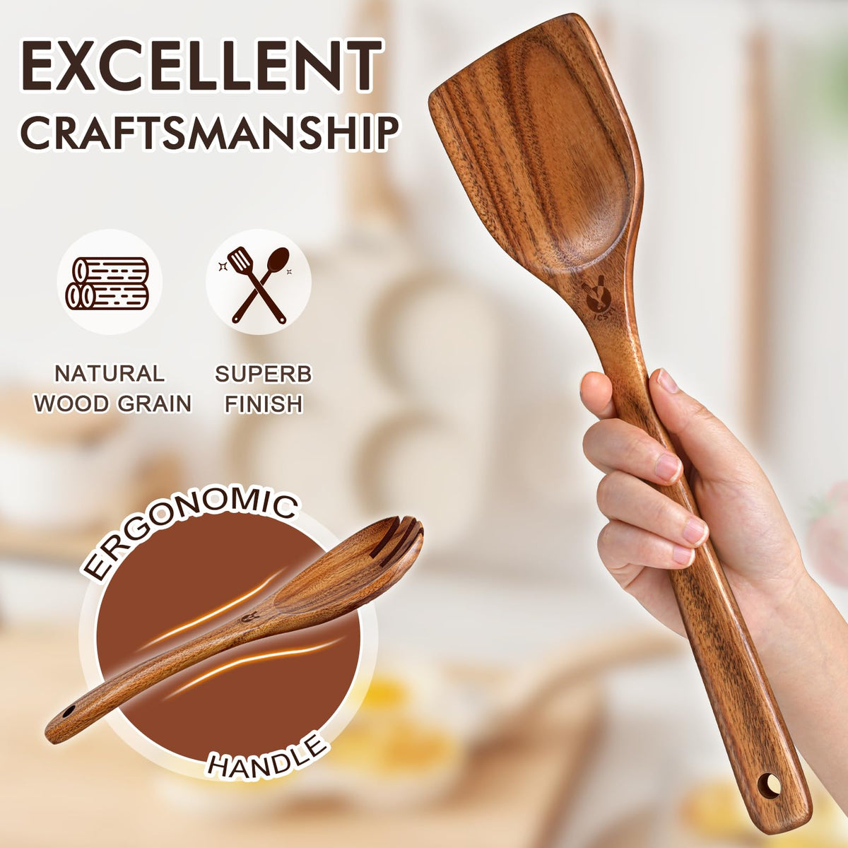 ICSTI teak salad spoon ideal for tossing greens gently.