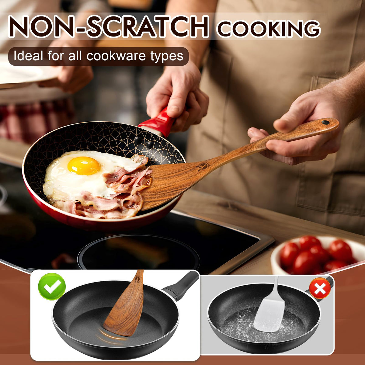 ICSTI teak slotted spatula protects nonstick pans during flipping.