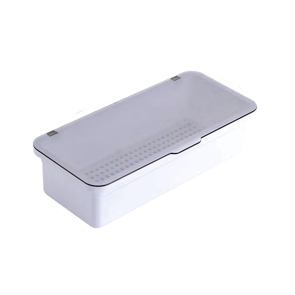 ICSTM flatware tray with lid and drainer keeps utensils organized and dry.
