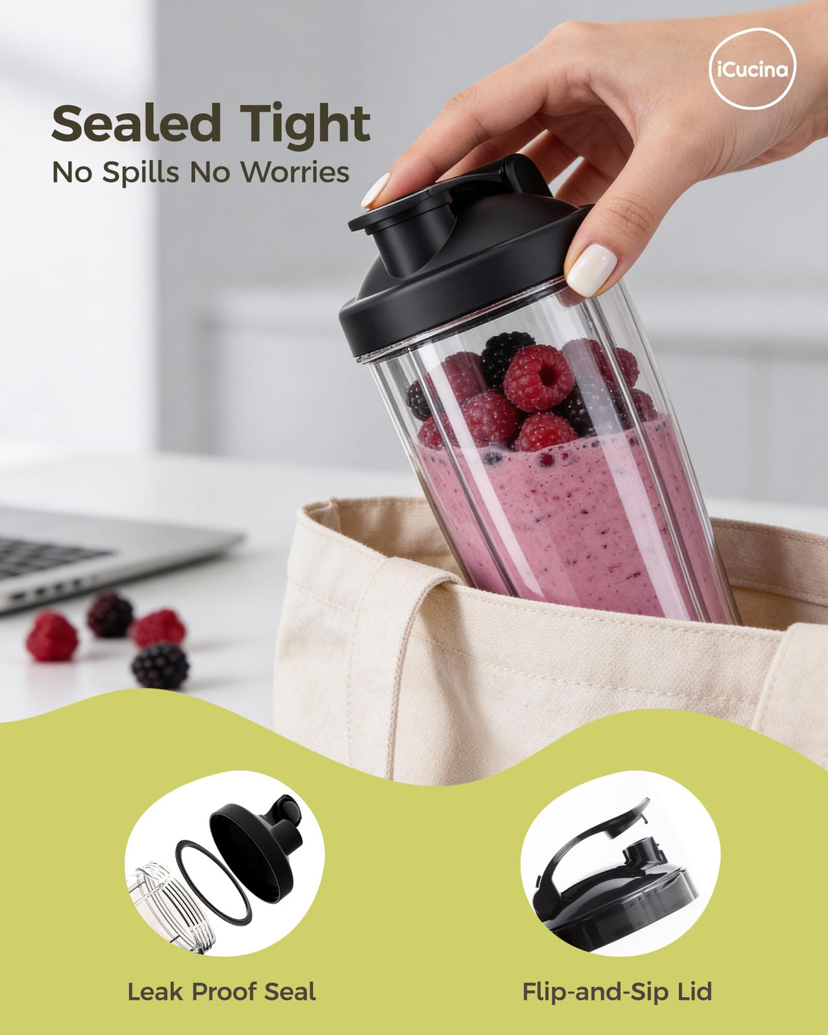 icucina 28oz capacity graphic emphasizing large blending capacity