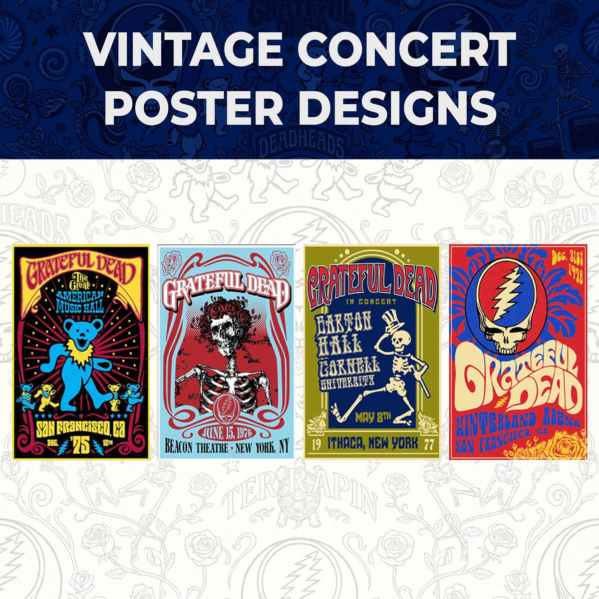 ICUP Grateful Dead pint glass set showing four designs for varied beverages.