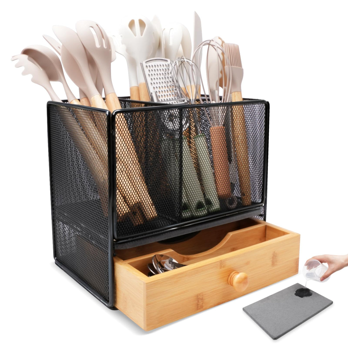 Idcymoul kitchen utensil holder with open drawer for quick access