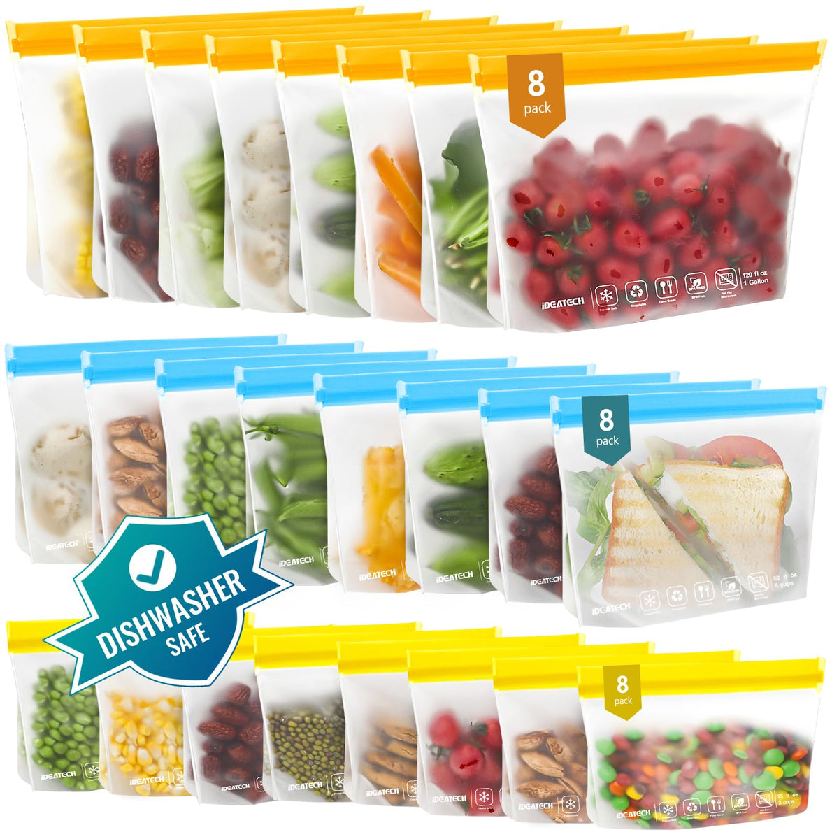 IDEATECH 24-pack reusable freezer bags close up shows dual zipper for secure storage