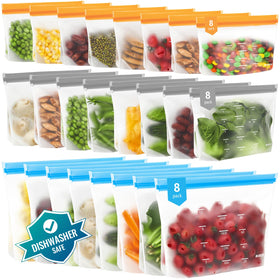 IDEATECH dishwasher-safe bags with stand-up design keep fridge items neatly organized.