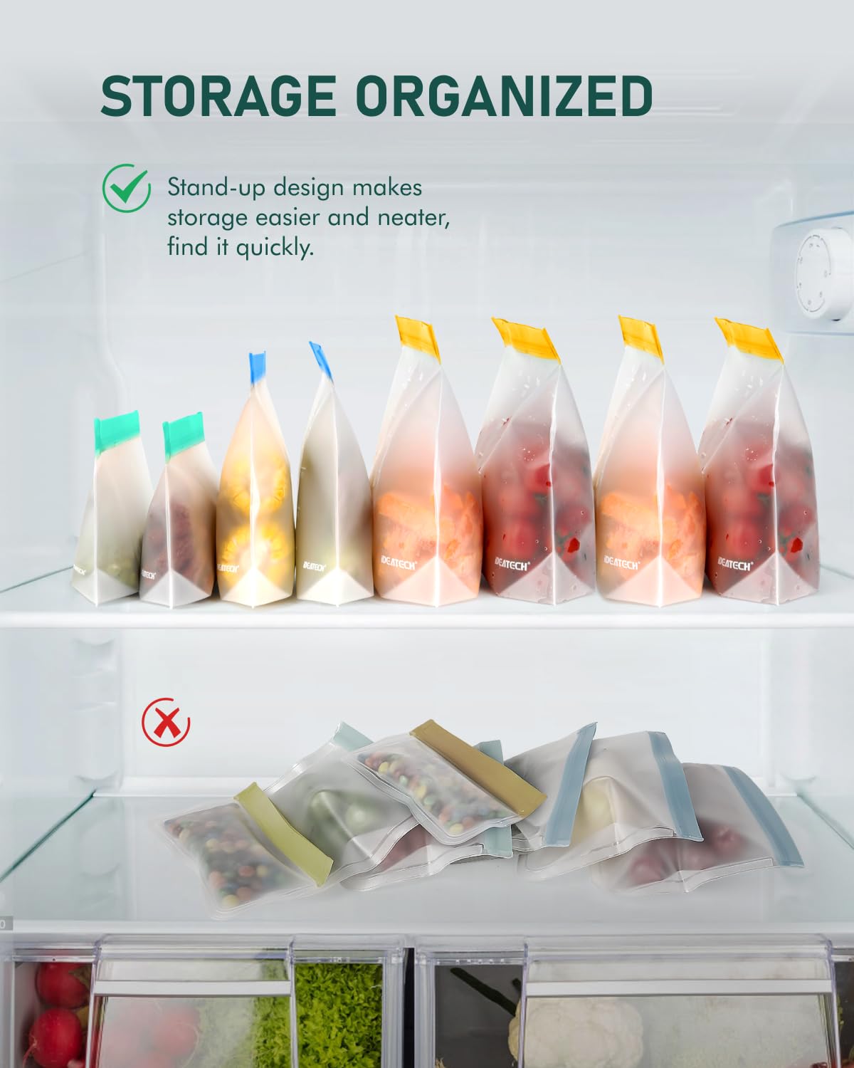 IDEATECH large-capacity bags maximize fridge space and organization.
