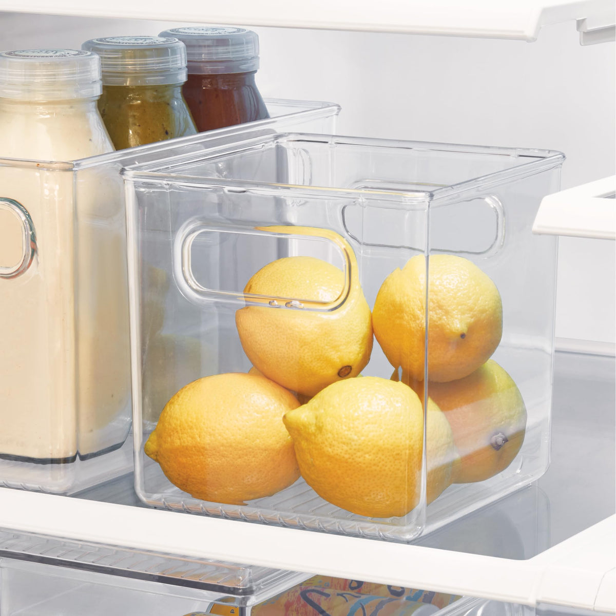 iDesign 6x6x6 bin in fridge organized produce and dairy.
