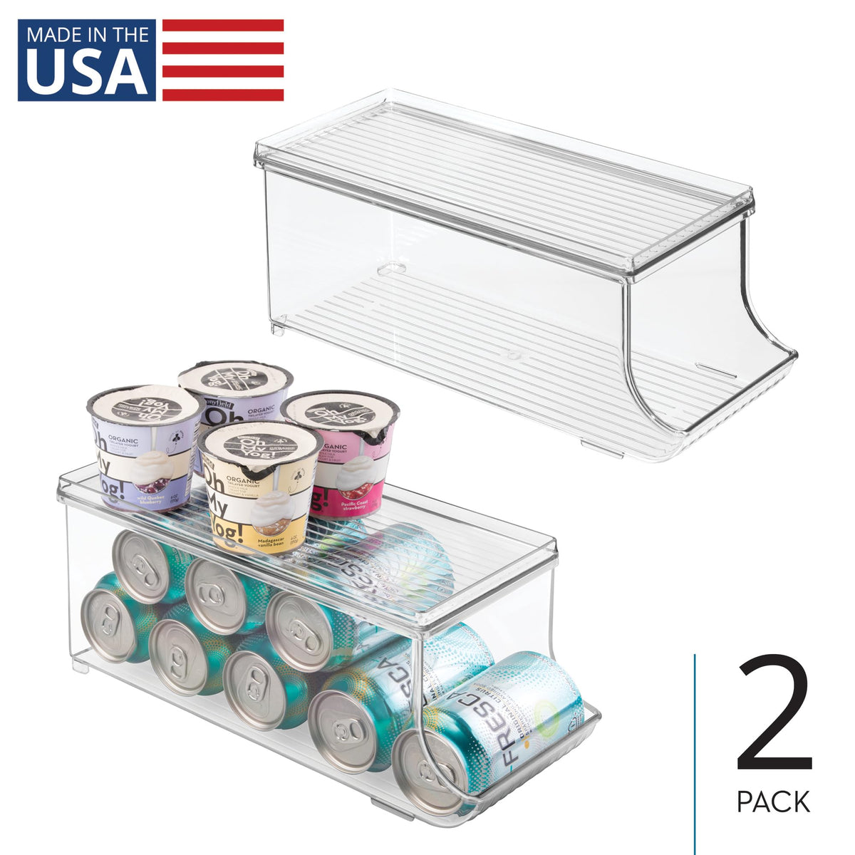 iDesign can organizer front view showing cans rolling forward for quick grabbing.