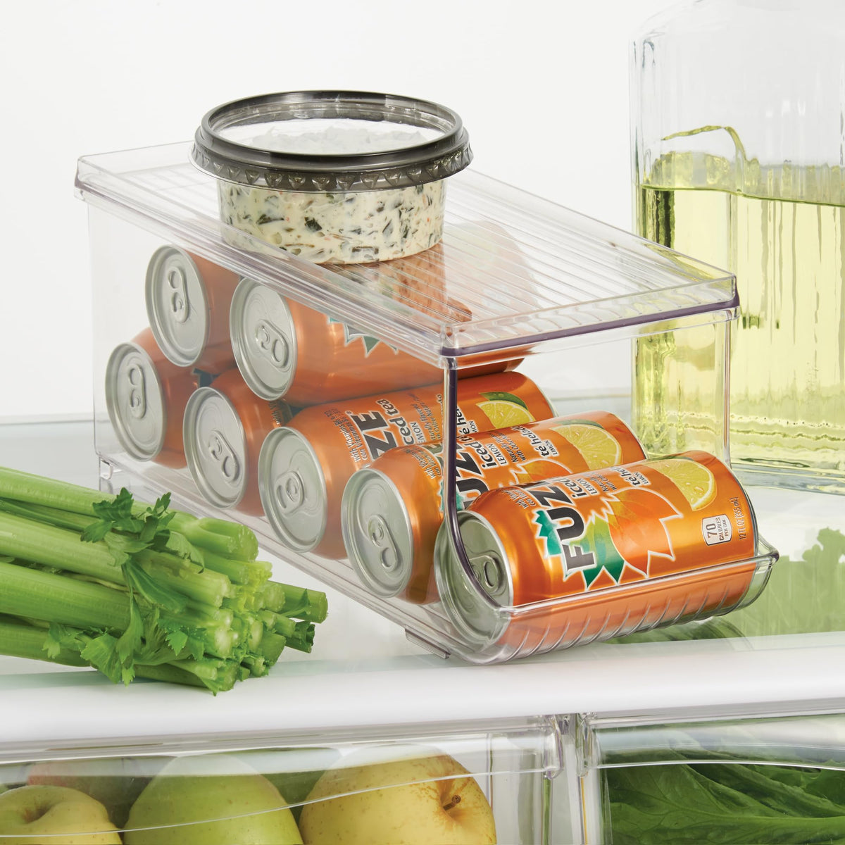 iDesign can organizer inside fridge keeping beverages visible and reachable.
