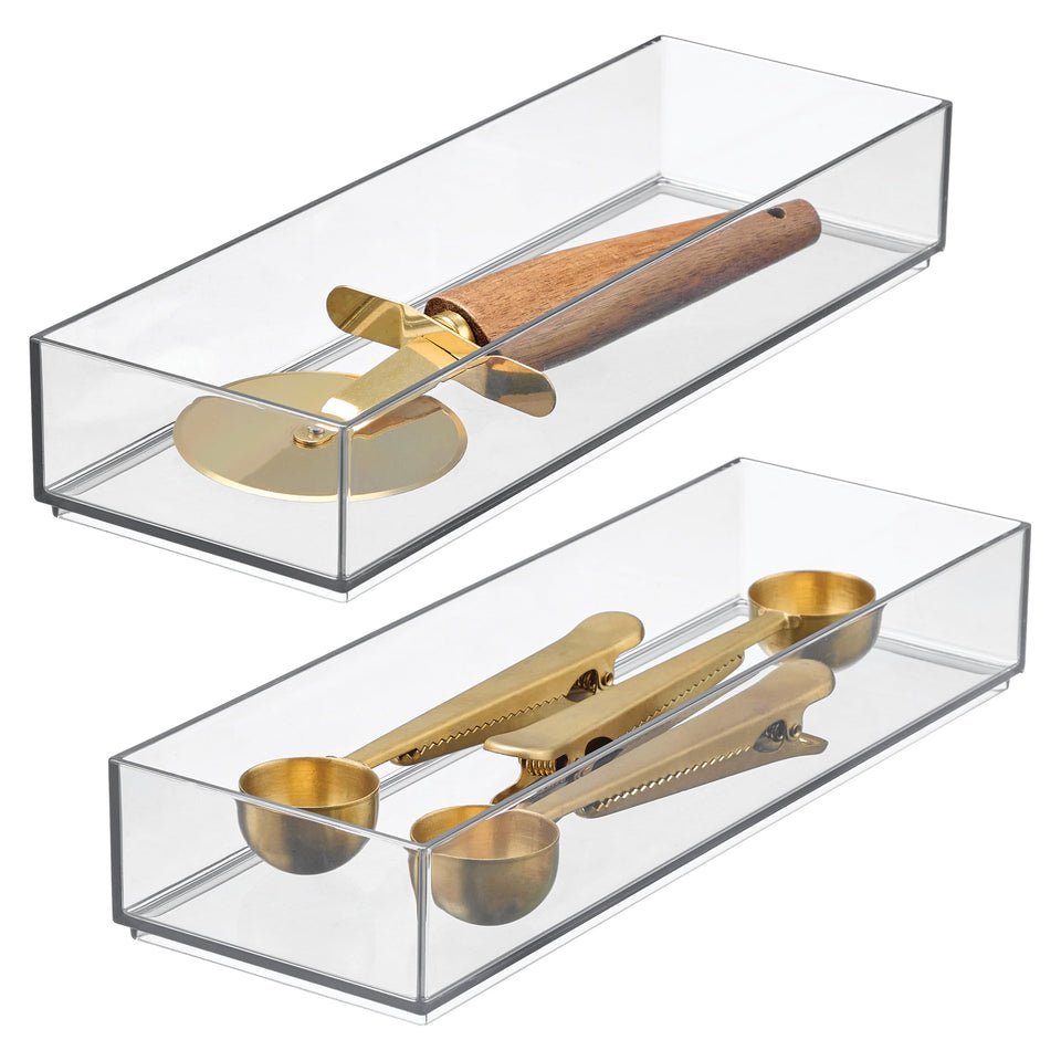 iDesign Clarity drawer organizer for silverware keeps utensils neatly arranged.
