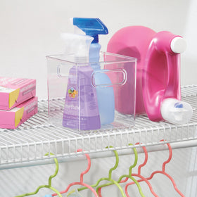 iDesign clear bin on a shelf with other containers for organized kitchen.
