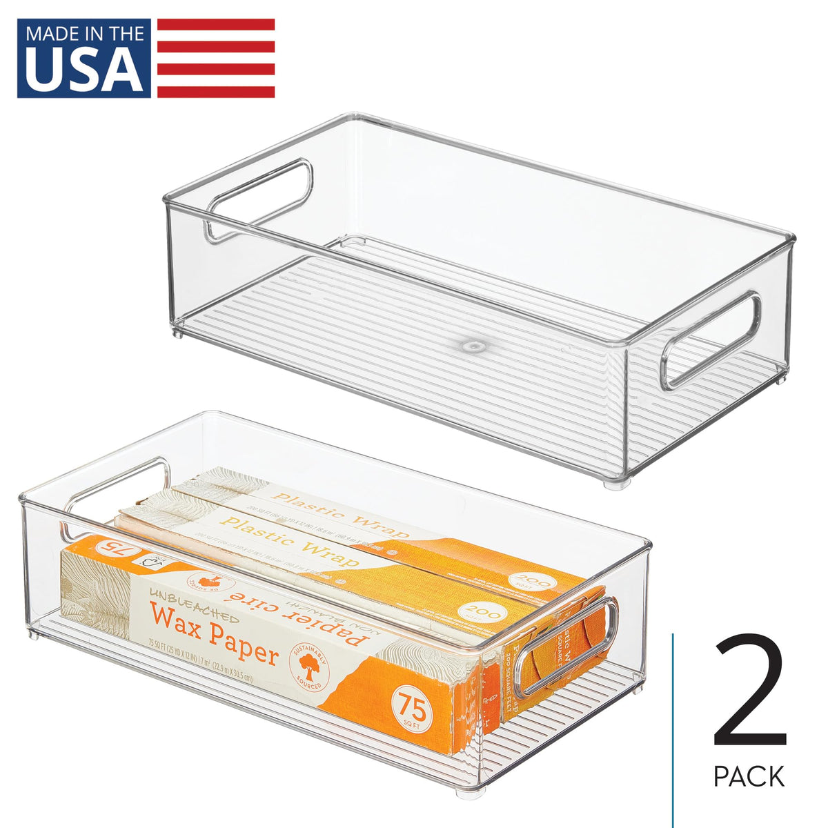 iDesign clear kitchen storage bin provides easy visibility for groceries.