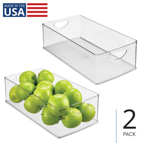 iDesign clear plastic bin with built-in handles for easy carrying and sorting.