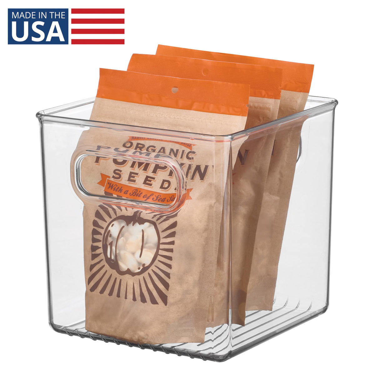 iDesign clear storage bin close-up showing transparency for quick item visibility.