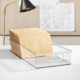 iDesign fridge-safe storage bin offers clear visibility for cold storage items.